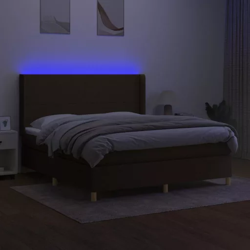 Barna szövet rugós és LED-es ágy matraccal 180 x 200 cm