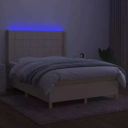 Krémszínű szövet rugós és LED-es ágy matraccal 140x200 cm