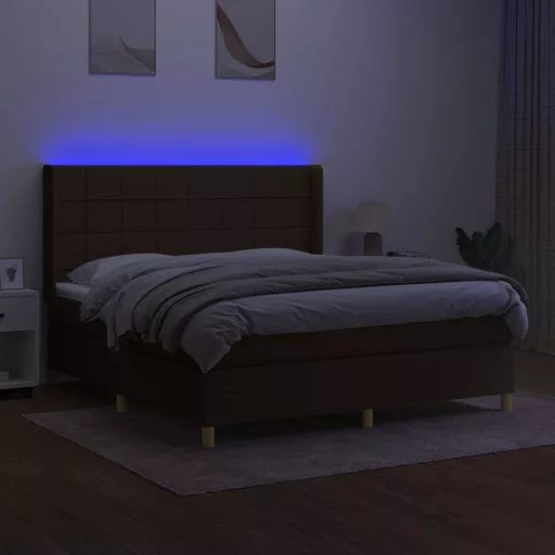 Barna szövet rugós és LED-es ágy matraccal 180 x 200 cm