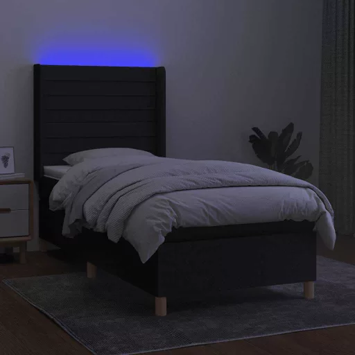 Fekete szövet rugós és LED-es ágy matraccal 80 x 200 cm