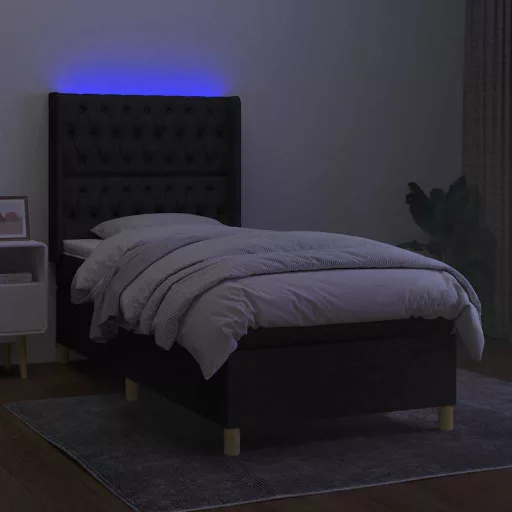Fekete szövet rugós és LED-es ágy matraccal 90x200 cm