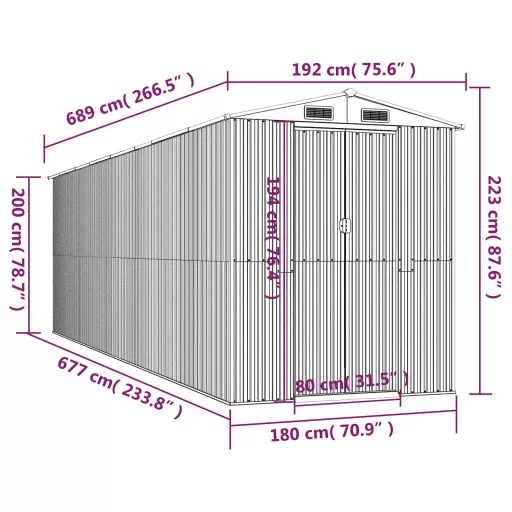 Antracitszürke horganyzott acél kerti fészer 192 x 689 x 223 cm