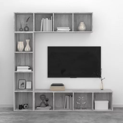3 részes szürke sonoma fatermék könyv/TV-szekrény 180x30x180 cm