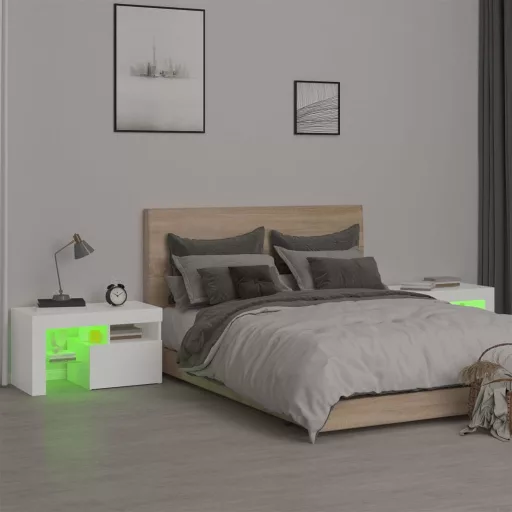2 db fehér színű LED-lámpás éjjeliszekrény 70x36,5x40 cm