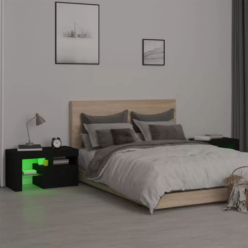 2 db fekete színű LED-lámpás éjjeliszekrény 70x36,5x40 cm