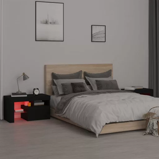 2 db fekete színű LED-lámpás éjjeliszekrény 70x36,5x40 cm