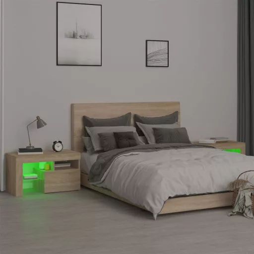 2 db sonoma tölgy színű LED-lámpás éjjeliszekrény 70x36,5x40 cm