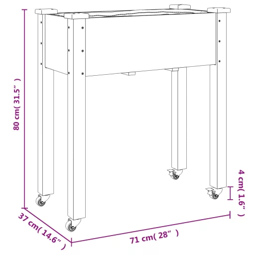 Barna tömör fenyőfa kerekes ültetőláda béléssel 71 x 37 x 80 cm