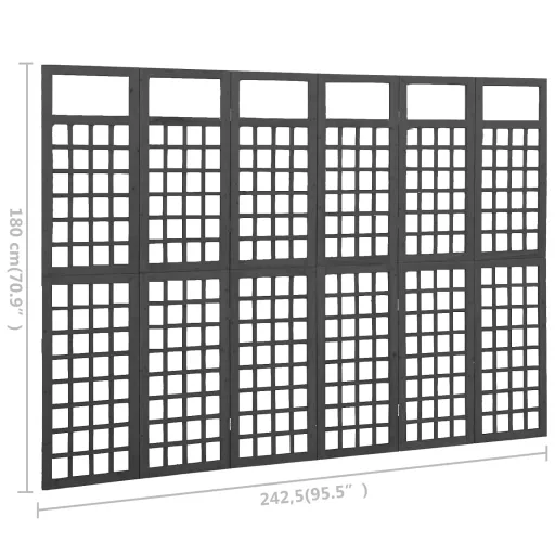 6 paneles fekete fenyőfa térelválasztó/lugasrács 242,5 x 180 cm