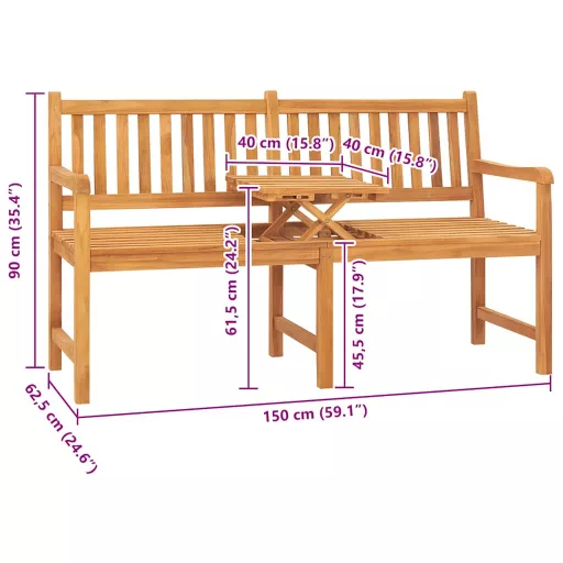 3 személyes tömör tíkfa kerti pad asztallal 150 cm