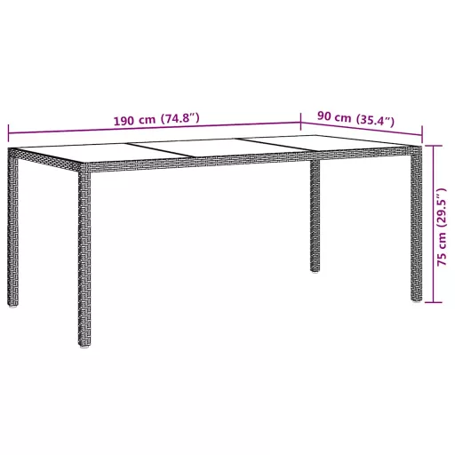 Barna polyrattan és edzett üveg kerti asztal 190 x 90 x 75 cm