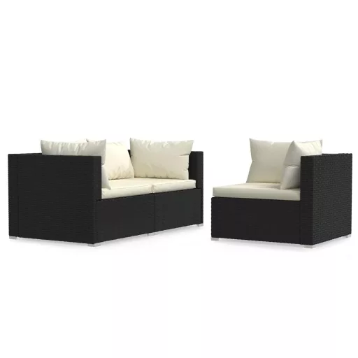 3 részes fekete polyrattan kerti ülőgarnitúra párnákkal