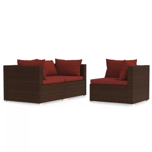 3 részes barna polyrattan kerti bútorszett párnákkal