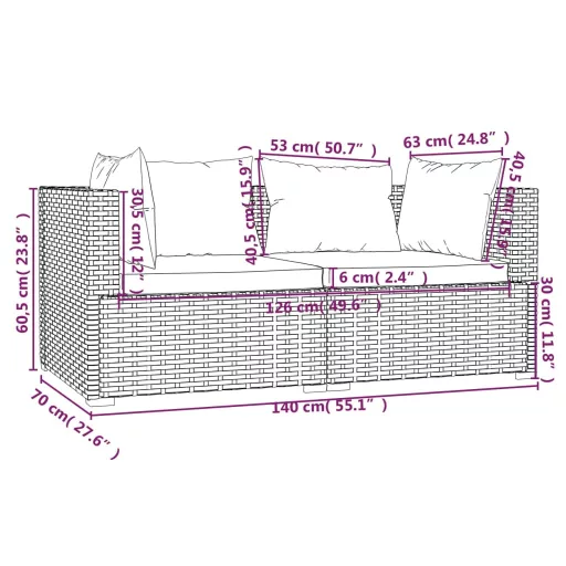 3 részes barna polyrattan kerti bútorszett párnákkal