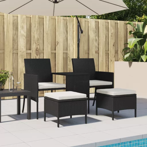 2 személyes fekete polyrattan kerti kanapé asztallal/székkel
