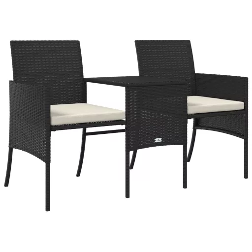 2 személyes fekete polyrattan kerti kanapé asztallal/székkel