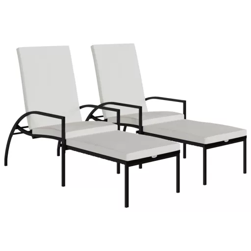 2 db fekete polyrattan napozóágy lábtartóval