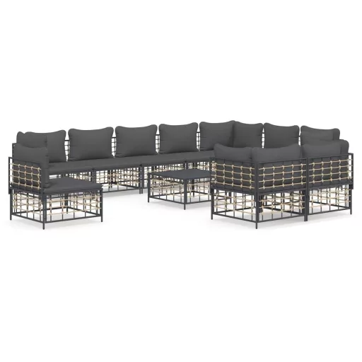 11 részes antracitszürke polyrattan kerti ülőgarnitúra párnával