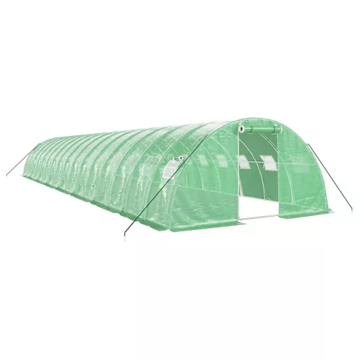Zöld acélvázas melegház 64 m² 16 x 4 x 2 m