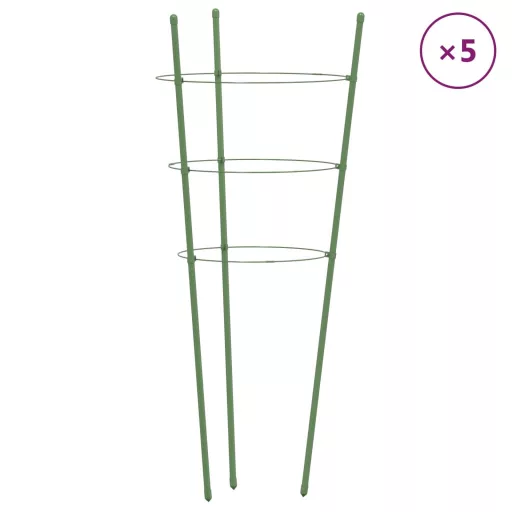 5 db zöld acél kerti növénytámasz 3 gyűrűvel 75 cm