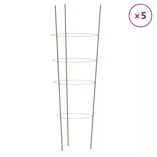 5 db zöld acél kerti növénytámasz 4 gyűrűvel 90 cm