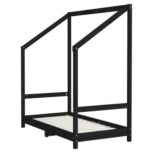 Fekete tömör fenyőfa gyerekágykeret 2 x (70 x 140) cm