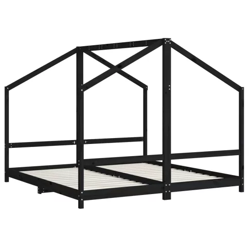 Fekete tömör fenyőfa gyerekágykeret 2 x (90 x 190) cm