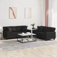2 részes fekete műbőr ülőgarnitúra párnákkal