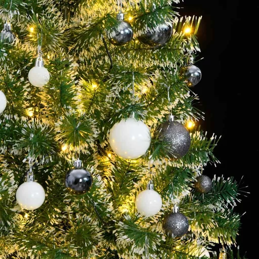 Műkarácsonyfa 130 LED-del, gömbszettel és hópehellyel 210 cm