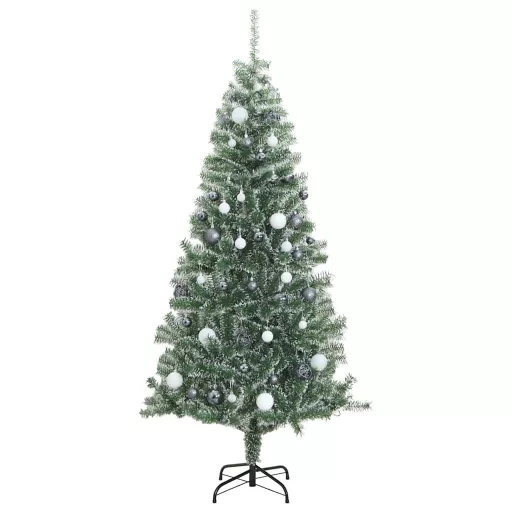 Műkarácsonyfa 130 LED-del, gömbszettel és hópehellyel 210 cm