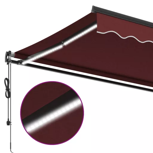 Burgundi vörös automata kihúzható LED-es napellenző 500x350 cm
