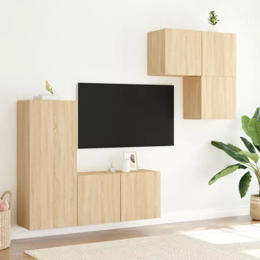 4 darab füstös tölgy színű szerelt fa falra szerelhető TV-bútor