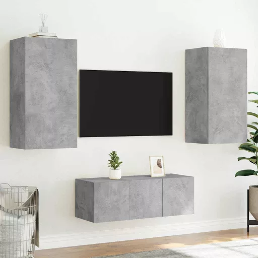 4 darab betonszürke szerelt fa fali TV-bútor LED-del