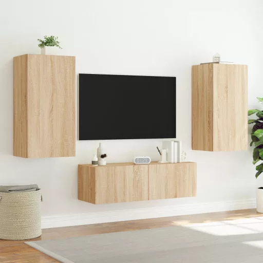 3 darab sonoma tölgy színű falra szerelhető TV-szekrény LED-del