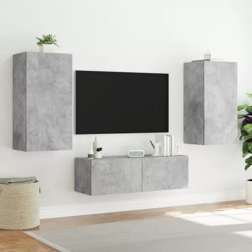 3 darab betonszürke falra szerelhető TV-szekrény LED-del
