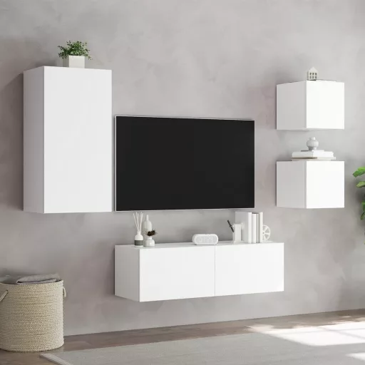 4 darab fehér falra szerelhető TV-szekrény LED-del