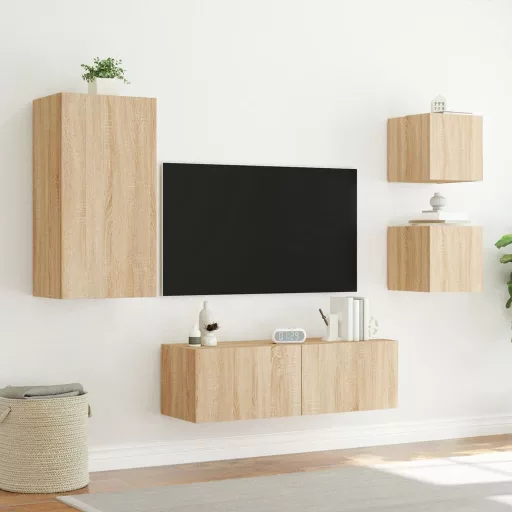 4 darab sonoma tölgy színű falra szerelhető TV-szekrény LED-del