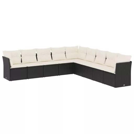 9 részes fekete polyrattan kerti ülőgarnitúra párnákkal