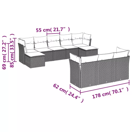 10 részes szürke polyrattan kerti ülőgarnitúra párnákkal