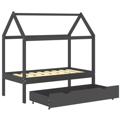 Sötétszürke tömör fenyőfa gyerekágykeret fiókkal 70 x 140 cm