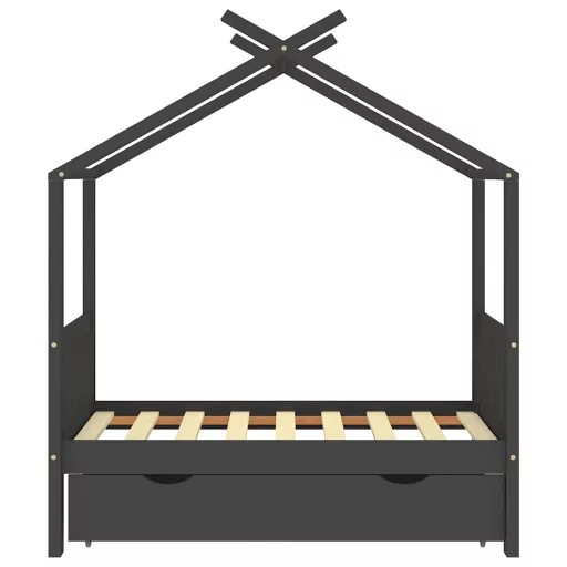 Sötétszürke tömör fenyőfa gyerekágykeret fiókkal 70 x 140 cm