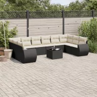   11 részes fekete polyrattan kerti ülőgarnitúra párnákkal