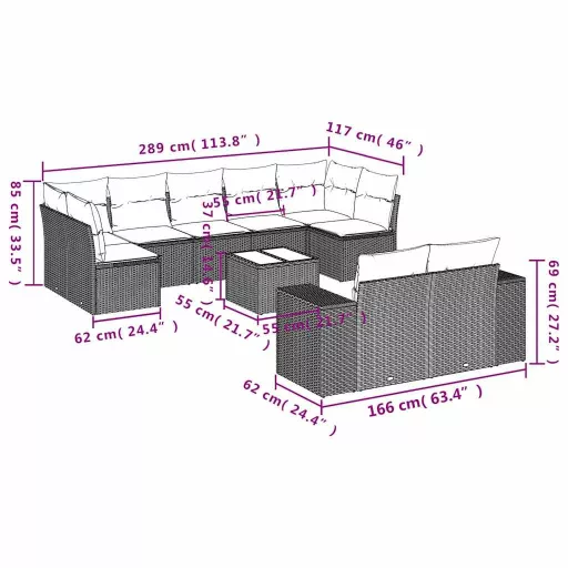 10 részes fekete polyrattan kerti ülőgarnitúra párnákkal