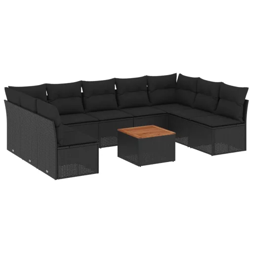 10 részes fekete polyrattan kerti ülőgarnitúra párnákkal