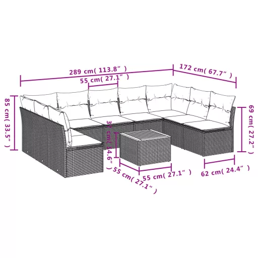 10 részes fekete polyrattan kerti ülőgarnitúra párnákkal