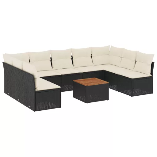 10 részes fekete polyrattan kerti ülőgarnitúra párnákkal