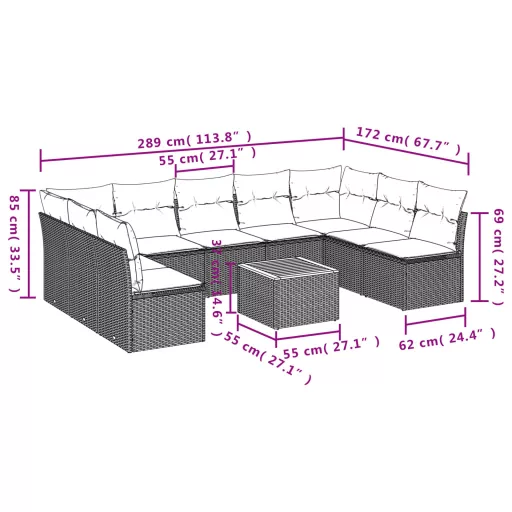 10 részes fekete polyrattan kerti ülőgarnitúra párnákkal