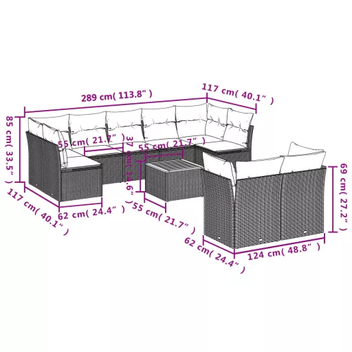 10 részes szürke polyrattan kerti ülőgarnitúra párnákkal