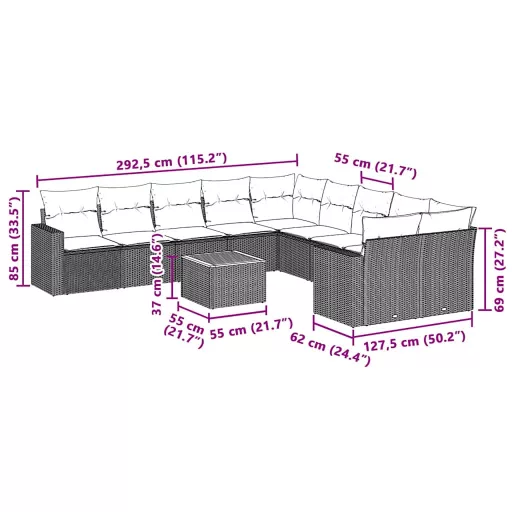 11 részes fekete polyrattan kerti ülőgarnitúra párnákkal