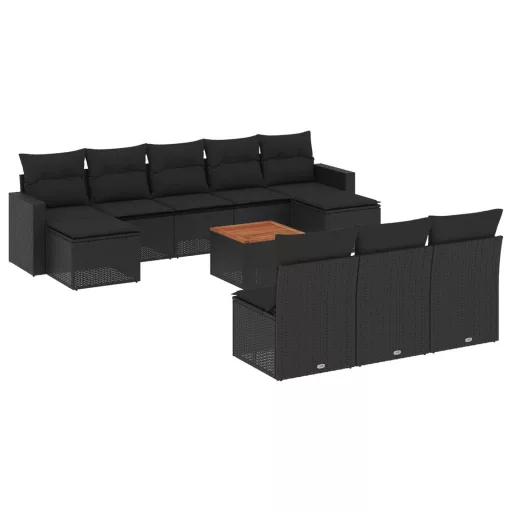 11 részes fekete polyrattan kerti ülőgarnitúra párnákkal